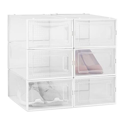 Navaris Stackable Shoe Storage Boxes - Set of 6 Clear Plastic Foldable Shoe Organisers with Front Door - Easy Access to Mens and Ladies Shoes
