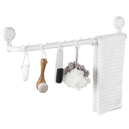 TAILI Suction Cup Bath Towel Bar with 5 Hooks, Drill-Free Towel Rack Wall Mounted Removable Heavy Duty Hand Towel Holder for Bathroom, Door, Show
