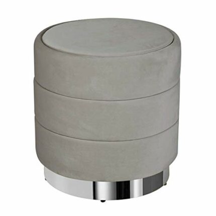 Inspire Me! Home Décor Olivia Round Ottoman with Gorgeous Tier Panel Design, Classy Pewter Grey Soft Velvet, 38 x 38 x 40 cm, Comfortable Seating