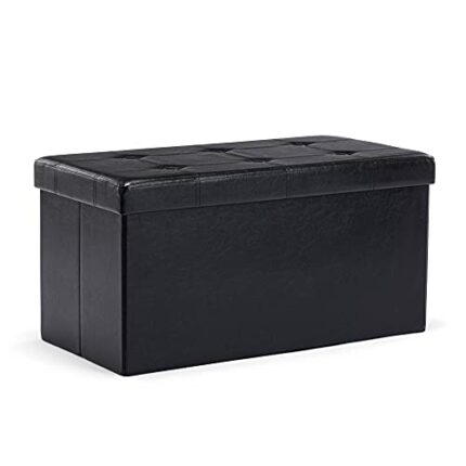 HNNHOME 76 x 38 x 38cm Folding Storage Ottoman Bench,Chest Toy Box, Padded Faux Leather Footstool Footrest with Lids (Meduim, Black)
