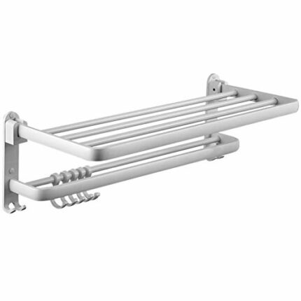 N/A Aluminum Bathroom Towel Rack White Baking Foldable Wall Mounted 60 cm Bath Towel Rack Holder with Hooks Towel Rail Towel Shelf