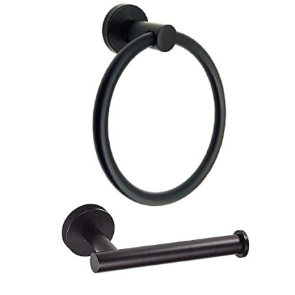 Stainless Steel Black Towel Ring and Toilet Paper Holder, 2 Pcs Bathroom Black Hand Towel Holder Wall Mounted and Towel Ring (Matte Black)