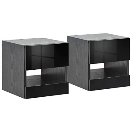 GFW Pair of Wall Mounted Floating Bedside Tables with Led Downlights & Storage Cupboard, Black, Width x 30 cm Depth x 31 cm Height
