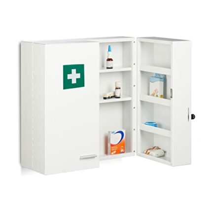 Relaxdays Medicine Cabinet, Lockable, 11 Compartments, Steel, HxWxD: 53 x 53 x 21.5 cm, Double Door, First Aid, White, 100%