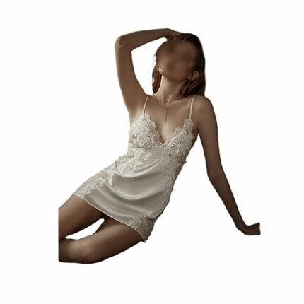GLUXIT Women's Summer Sexy White Silk Pajamas Backless Sleep Lounge Lace Hollow Out Nightgown Spaghetti Strap Sleepshirts