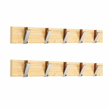 Anjuer Wall Mounted Coat Rack 5 Hooks Heavy Duty Hat Holder Bamboo Hooks Silver