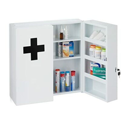 Relaxdays XXL, Lockable, 11 Compartments, Steel, H x D: 53.5 x 53 x 19 cm, Medicine Cabinet 2 Doors, White/Black, Alloy, 53,5x53x19 cm