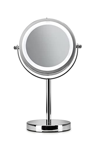 Croydex Chrome Illuminated Battery Operated Pedestal Mirror with 3x magnifying, H:30cm x W:12cm x D:18cm, MM703000E