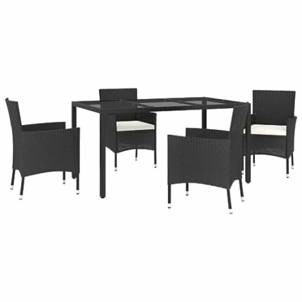 vidaXL Garden Dining Set 5 Piece, Table and Chairs with Cushions, Outdoor Lounge Set for Patio, Dinner Table Set, Modern Style, Black Poly Rattan