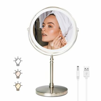 WITFAMILY 8'' Countertop Vanity Mirror，Rechargeable 1x/10x Magnifying Mirror with Lights，3 Color and Adjustable Brightness ，Touch Control 360° Ro