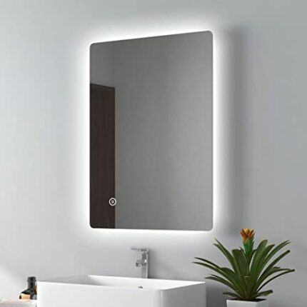 EMKE LED Backlit Bathroom Mirror with Fuse, 500x700mm Wall Mounted Multifunction LED Bathroom Vanity Mirror with Shaver Socket | LED Lights | Dem
