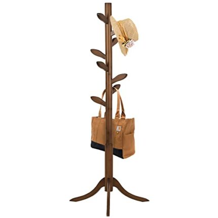 Coat Rack Freestanding Bamboo Coat Tree Rack with 8 Leaf Hooks, 3-Size Height Adjustable for Adults & Kids, Clothes Hanger Stand for Jacket, Hat,