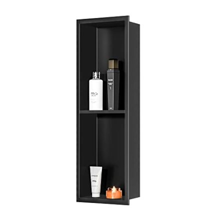 Qeke 8X24 inch Recessed Shower Bathroom Niche, stainless steel Double cubbies, Storage wall niche for shampoo (Matte Black)