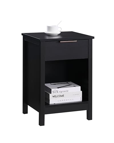 Kavonty Nightstand with Drawer,Wooden End Table with Drawer and Opening Shelf,Side Table for Bedroom,Living Room, Black TC05BET