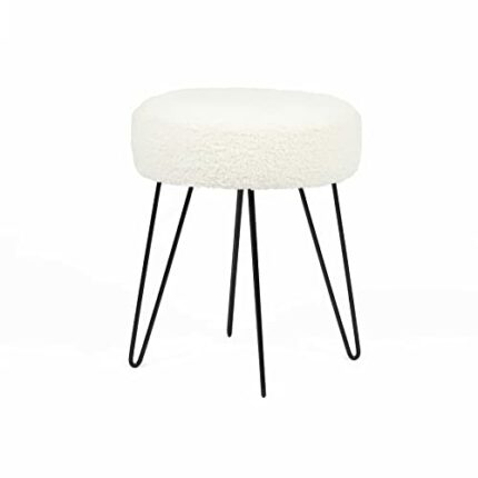 OHS Teddy Fleece Stool Hairpin Boucle Leg Foot Stool Rest Bedroom Upholstered Vanity Dressing Table Chair Round Pouffe - White