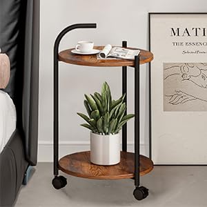 Taotigzu Small Round Side Table,2-Tier Metal Frame End Table with Wheels,23.6”x14.2”x14.2”Industrial Snake Table,Vintage Mobile Coffee Table Tea