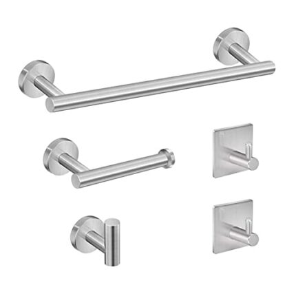 5 Pieces Wall Mounted SUS304 Stainless Steel Bathroom Towel Rack 40cm 16" Towel Rails Towel Holder, Toilet Paper Holder and Robe Hooks Bathroom A
