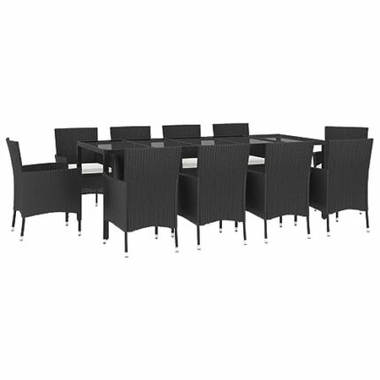 vidaXL Garden Dining Set 11 Piece, Table and Chairs with Cushions, Outdoor Lounge Set for Patio, Dinner Table Set, Modern Style, Black Poly Ratta