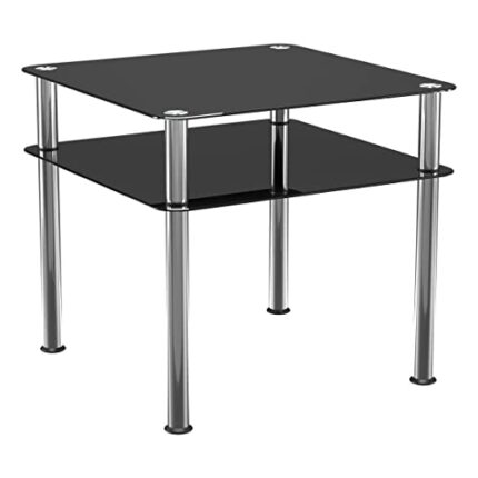 mahara Chrome & Black Side Table/End Table with Shelf -Tempered Safety Glass Coffee Table - Small Table W60cm x D60cm x H55cm - Small Side Table