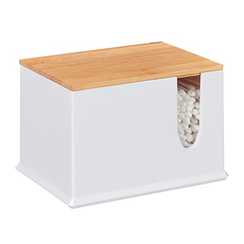 Relaxdays Cotton Swab Storage Box, Acrylic Lidded Organiser, Stick Bathroom Dispenser, Various Sizes, White/Brown
