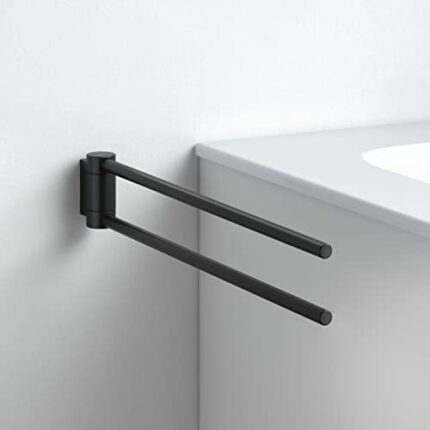 KEUCO Metal Towel Rail Black Matt Powder Coated Two Arms Swivelling 43.8 cm Deep for Bathroom and Guest Toilet Wall Mounted Plan Black Selection