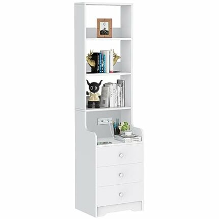 White Modern Nightstand with Charging Station, Tall End Table/Bedside Table for Bedroom Living Room, Bed Side Table/Night Stand with 3 Drawers &