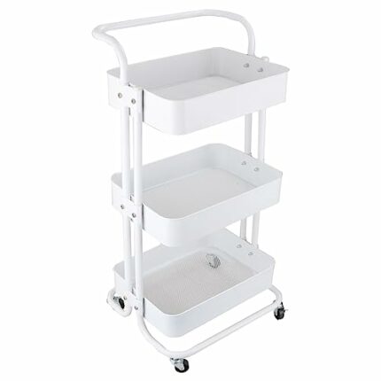 ASelected 3 Tier Storage Trolley with Lock 82x45x37CM Kitchen Storage Utility Cart Rolling Storage Rack for Bedroom Bathroom Office(White)