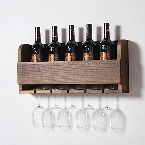 Qunine Wine Rack Wall Mounted Wine Holder Wood, Wine Storage Rack Wine Bottle Holder with Glass Holder Hanging Stemware Racks Bar Wall Wine Decor