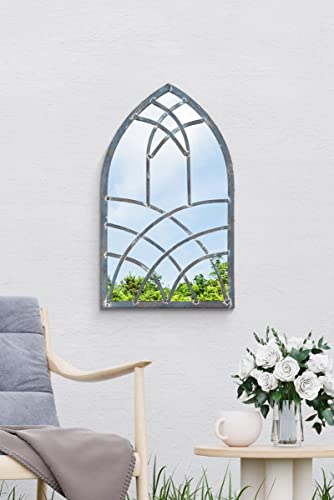 MirrorOutlet Large Metal Rustic Arched Shaped Window Garden Outdoor Mirror 40cm X 24cm, Silver, GM081