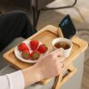 GEHE Bamboo Couch Arm Table, Foldable Sofa Arm Tray with 360° Rotatable Phone Holder, Armrest Tray for Small Space, Couch Clip on Tray, Remote Co