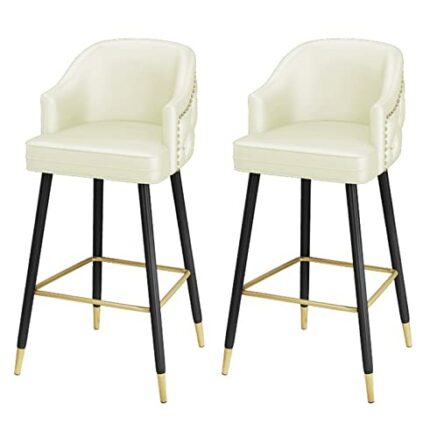 26 Inch High Leather Barstools Set of 2 Kitchen Island Bar Chairs Counter Height Upholstered with Nailheads and Gold Tipped Black Metal Legs, Lei