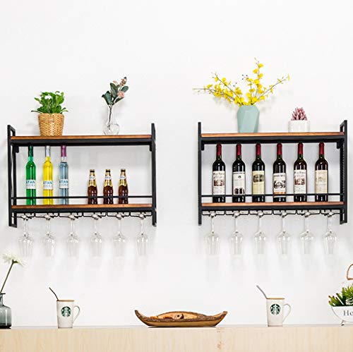 EYLINK Vintage Wine Rack Wall Shelf for Bar Kitchen, Wall-mounted 2-Tiers Wall Wine Bottle Rack and Wine Glass Rack, Metal and Wood Rustic Floati