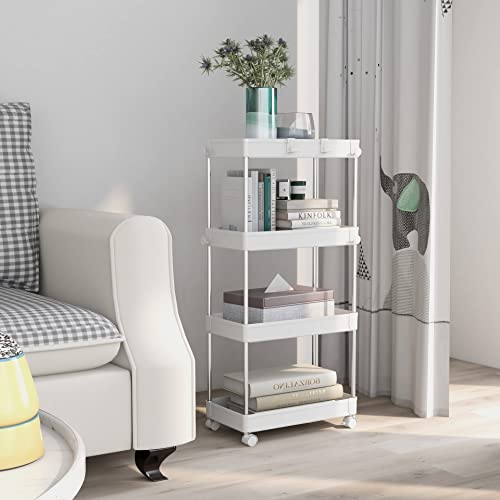 Meerveil Storage Trolley, 4-Tier Storage Rack with Wheels, Multifunctional Suitable for Office Kitchen Bathroom, W22 x D40 x H85cm, White