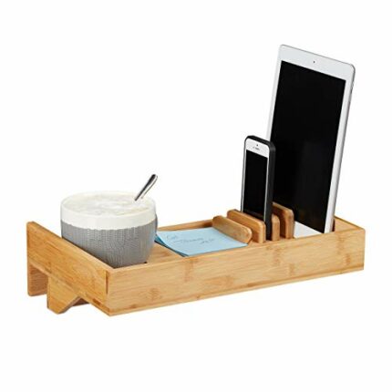Relaxdays Bedside Shelf & Organizer, Mini Clip-on Nightstand, Bamboo, Beverage Holder D. 9 cm, Organization Tray, Natural, 9,5x23x35 cm