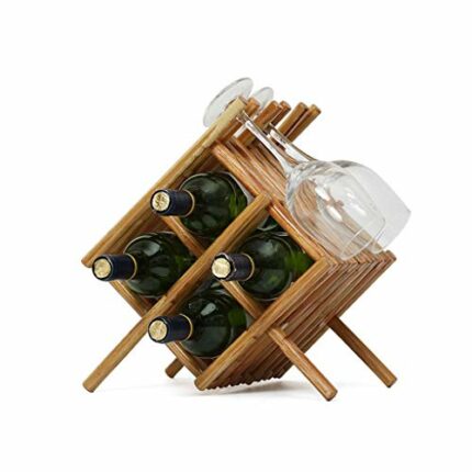 Yalych Wooden Countertop Cabinet Table Top Wine Bottle Storage Slots for 4 Bottles Able Top Wine Bottle Storage Slots for 4 Wine Glass Rack Hangi