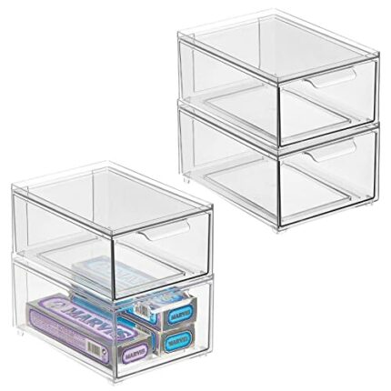 mDesign Shoe Storage Box with Drawer – Sturdy Plastic Storage Box for Shoes – Stackable Drawer Box for Shoes, Accessories and More – Pack of 4 –