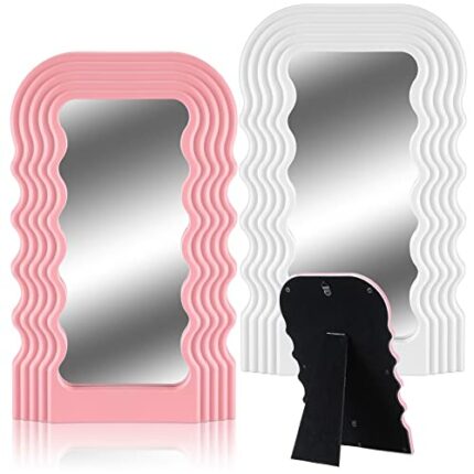 Maitys 2 Pcs Wave Pattern Irregular Makeup Mirror Tabletop Vanity Mirror Aesthetic Hanging Wall Mirror Preppy Photo Props Cosmetic Mirror for Tab