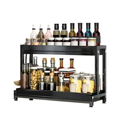 Redwestmelon Black Spice Rack Kitchen Storage Shelf Free-Standing Spice Organizer Holder 2 Tier Seasoning Rack Countertop Metal Spice Stand
