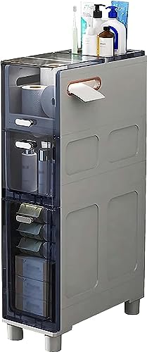 Bathroom Floor Cabinet Vertical Storage Unit, Multifunctional Storage Cabinet with Drawers and Wheels, Plastic Freestanding Side Cabinet for Bath