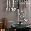 Hosoncovy 3 Tier Utensil Hanger Rail Utensil Wall Hanger Swivel Towel Rail Kitchen Wall Rail with Hooks Rotating Wall Mount Shelf for Kitchen Bat