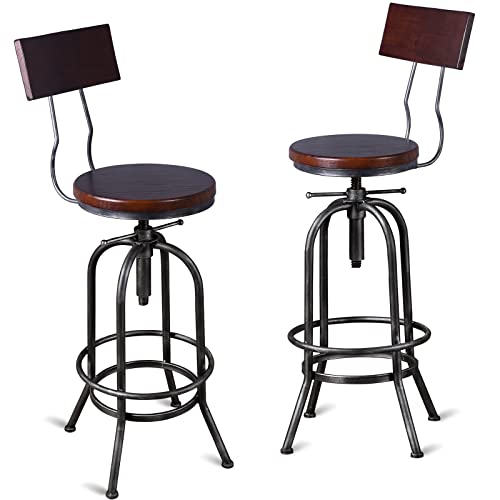 BOKKOLIK Set of 2-Industrial Bar Stools with Backrest-Swivel Wood Seat-Bar Counter Height Adjustable 26-32.2inch-Kitchen Island Dining Chair