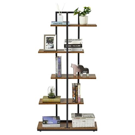 Meerveil Bookshelf, 5-Tier Floor Standing Bookcase, Asymmetrical Staggered Display Shelf, Plant Shelf, Industrial Style, for Living Room, Bedroom