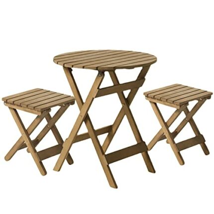 QINAIDI 3 PCS Patio Table & Chair Set, Outdoor Folding Solid Wood Round Table, with 2 Chairs, for Indoor Patio Poolside Garden