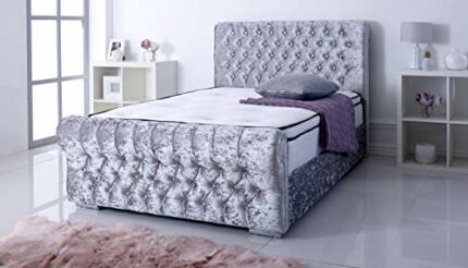 Comfort Night Sleep Ltd Crushed Velvet Chesterfield Style Sleigh Bed Frame with Diamante/Buttons in Silver color (4Ft Small Double)