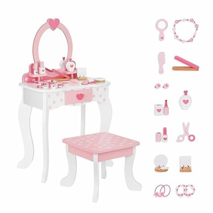 OOOK Kids Vanity Set,Table & Chair Vanity Set With Mirror（Includes 14 pcs multiple make up accessories）,Makeup Dressing Table with Storage Drawer