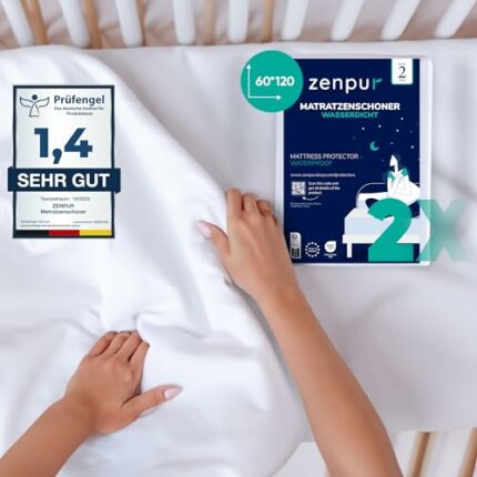ZenPur Waterproof Fitted Mattress Protector Cot bed for Babies - 60 x 120 cm, 2-Pack, Made in EU, Natural Mattress Protector Bed Sheet in One. Id