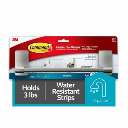 Command Hand Towel Bar, Satin Nickel Finish, Rust-resistant, Holds 1,3Kg - Organise your Bathroom Damage Free