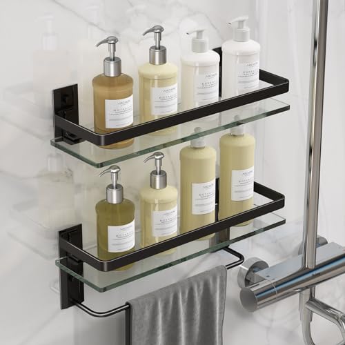 Danpoo Bathroom Shelves Wall Mounted, Tempered Glass Bathroom Shelf with Towel Bar(2 Tier, Matte Black)