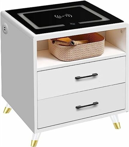 Modern Side/Nightstand Table, Smart LED Nightstand, Wireless Charging Station ​Color Control & On/Off Touching Button Bedside Table Home Furnitur