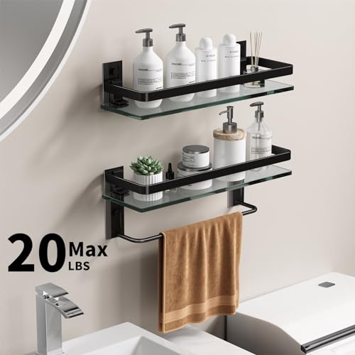 Danpoo Bathroom Shelves Wall Mounted, Tempered Glass Bathroom Shelf with Towel Bar(2 Tier, Matte Black)